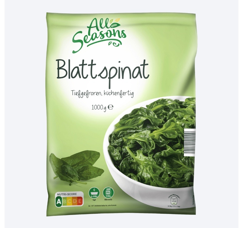 ALDI ALL SEASONS TK-GEMÜSE Blattspinat Aus der Tiefkühlung 1kg 2.39€